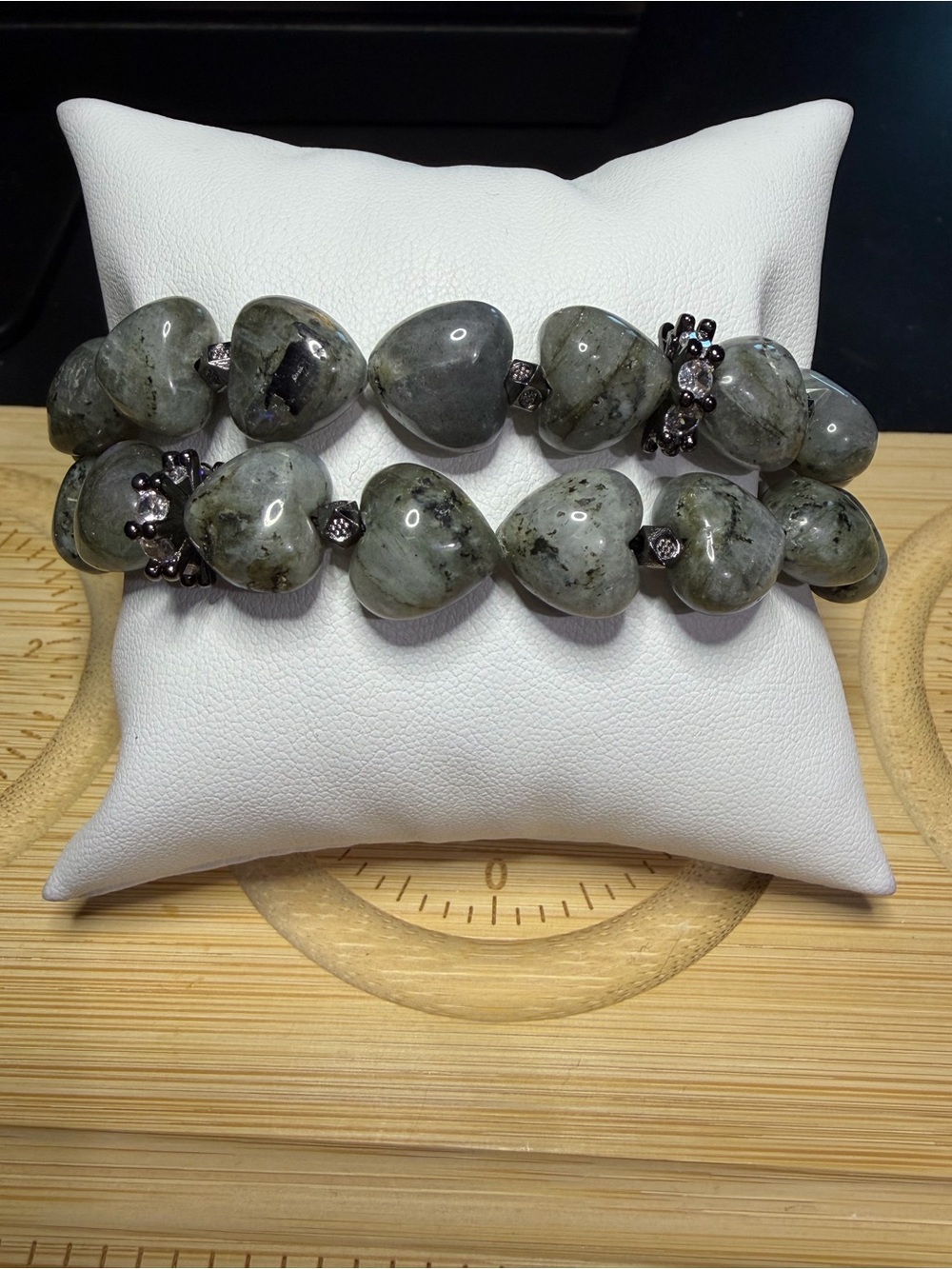 Handmade Labradorite Heart Bracelet Stack (2 Piece) | Black Tone Accents
